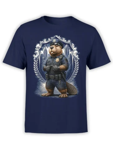 Uniformed beaver police officer graphic with city skyline and shield emblem on a navy T-shirt