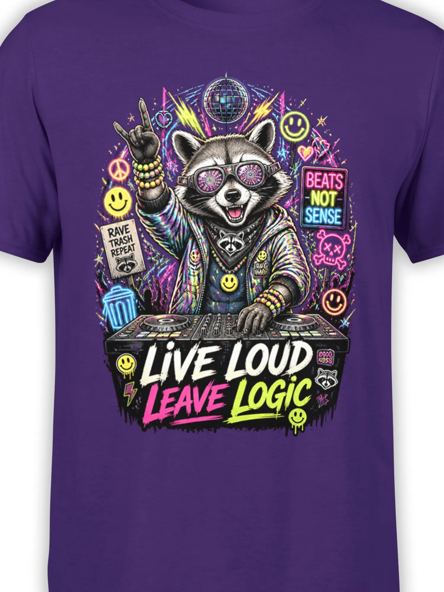 Close-up of neon raccoon DJ artwork with sunglasses, turntables, and bold rave lettering on purple fabric