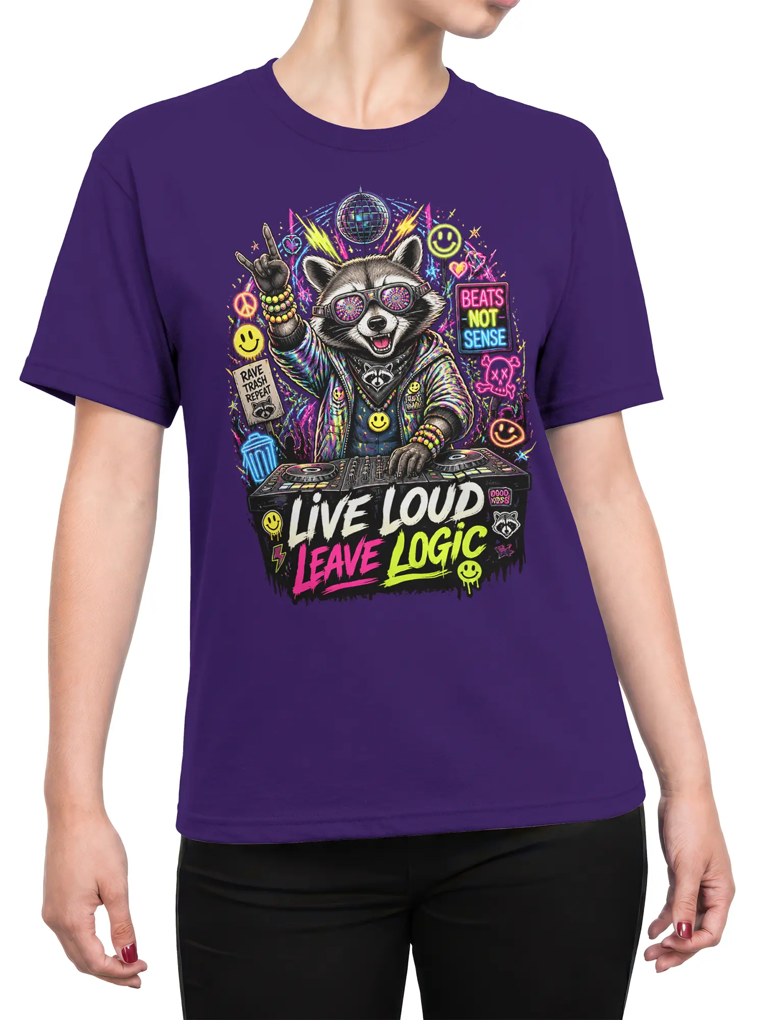 Female torso wearing a purple raccoon DJ T-shirt with neon rave artwork and “Live Loud, Leave Logic” text