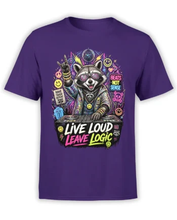 Purple T-shirt featuring a neon raccoon DJ, disco ball, and “Live Loud, Leave Logic” lettering