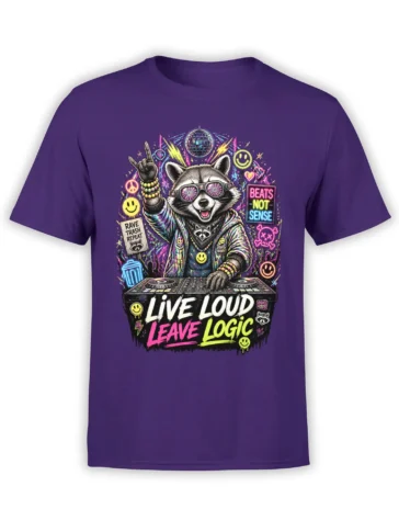 Purple T-shirt featuring a neon raccoon DJ, disco ball, and “Live Loud, Leave Logic” lettering