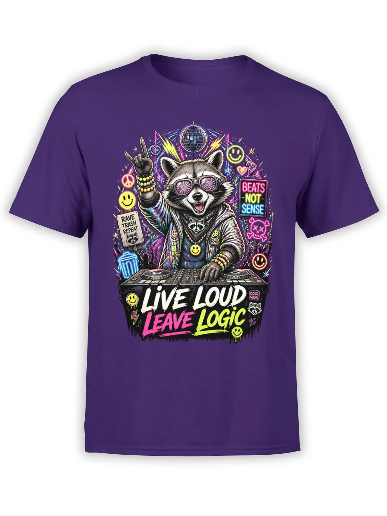Purple T-shirt featuring a neon raccoon DJ, disco ball, and “Live Loud, Leave Logic” lettering