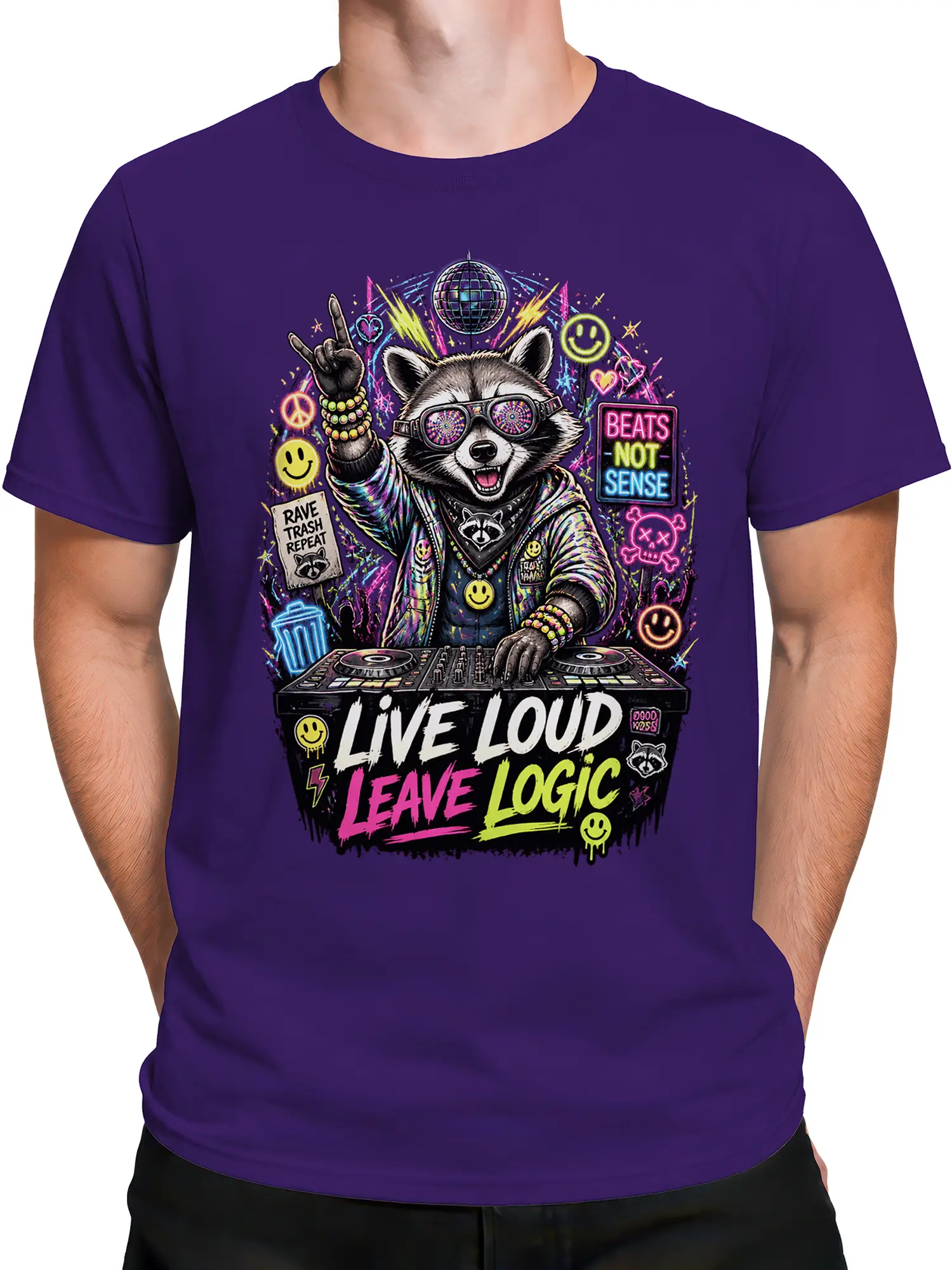 Male torso wearing a purple raccoon DJ T-shirt with neon symbols and loud rave-inspired lettering