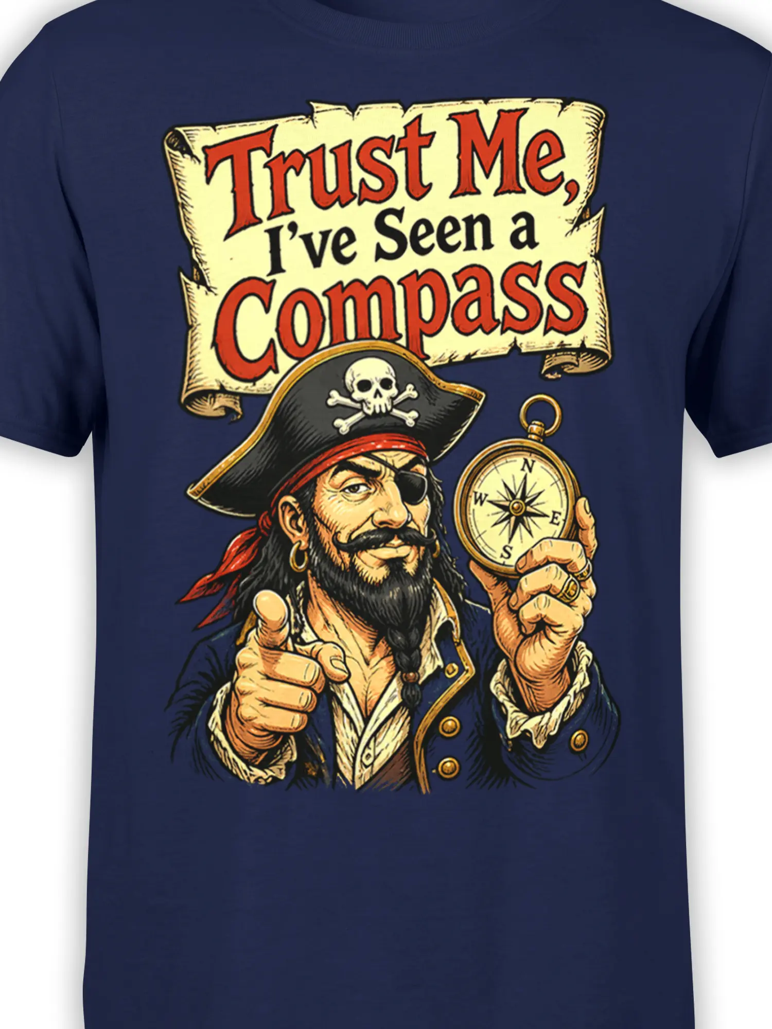Close-up of the pirate captain, compass, skull hat, and vintage lettering on the navy shirt design