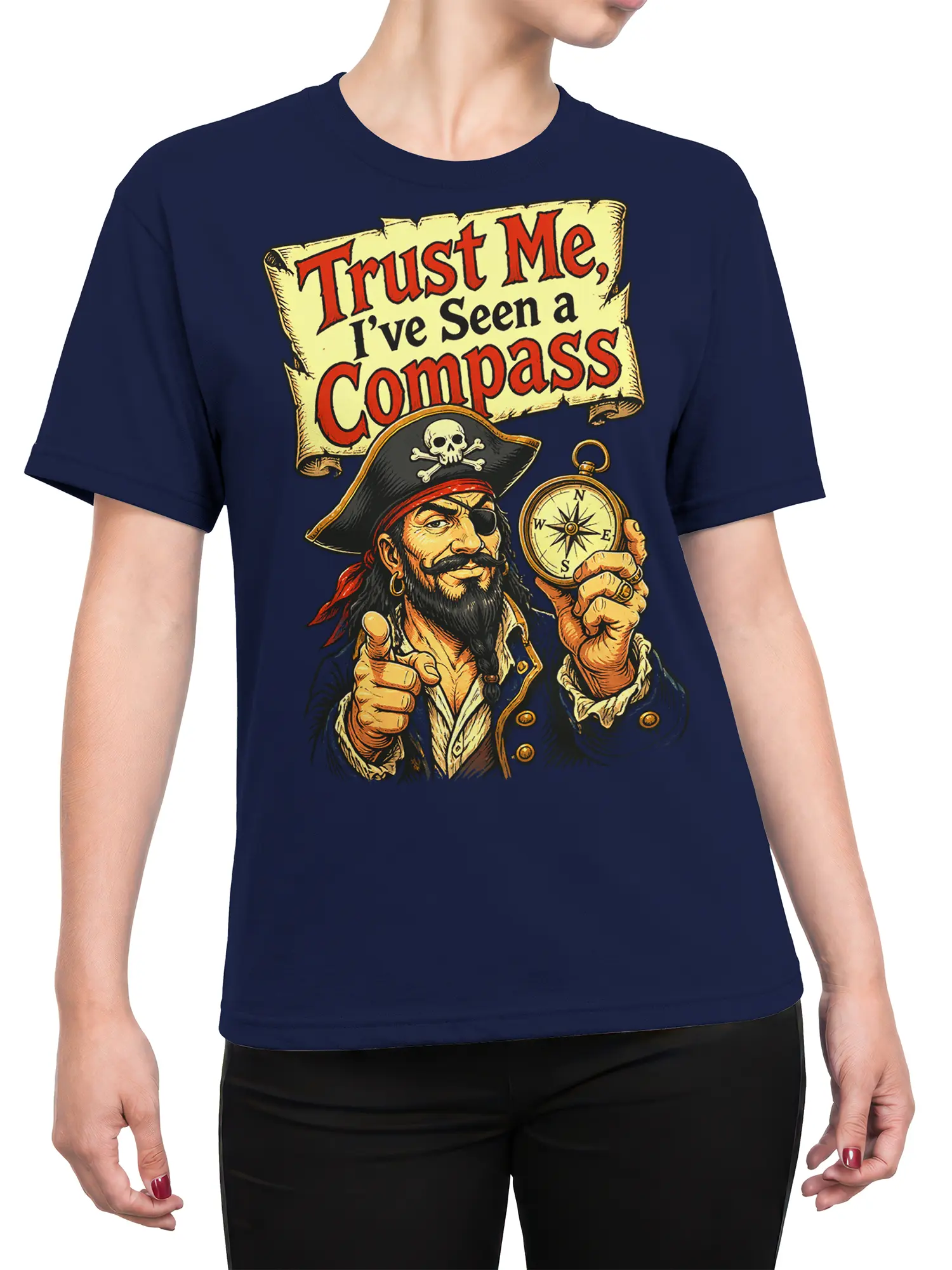 Female torso wearing a navy T-shirt with a vintage pirate captain and compass graphic