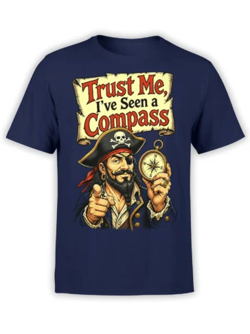 Vintage pirate captain graphic with compass and “Trust Me, I’ve Seen a Compass” text on a navy T-shirt
