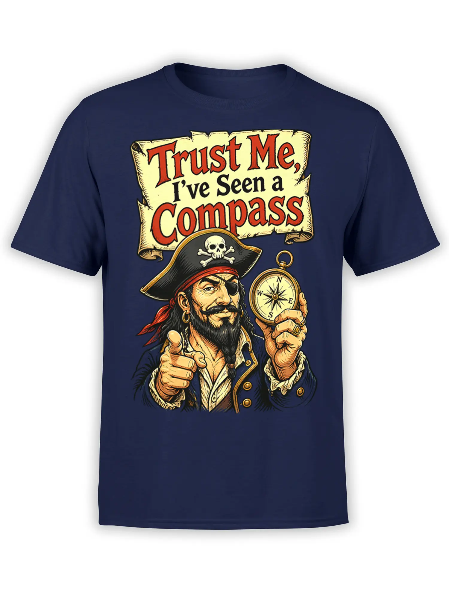 Vintage pirate captain graphic with compass and “Trust Me, I’ve Seen a Compass” text on a navy T-shirt