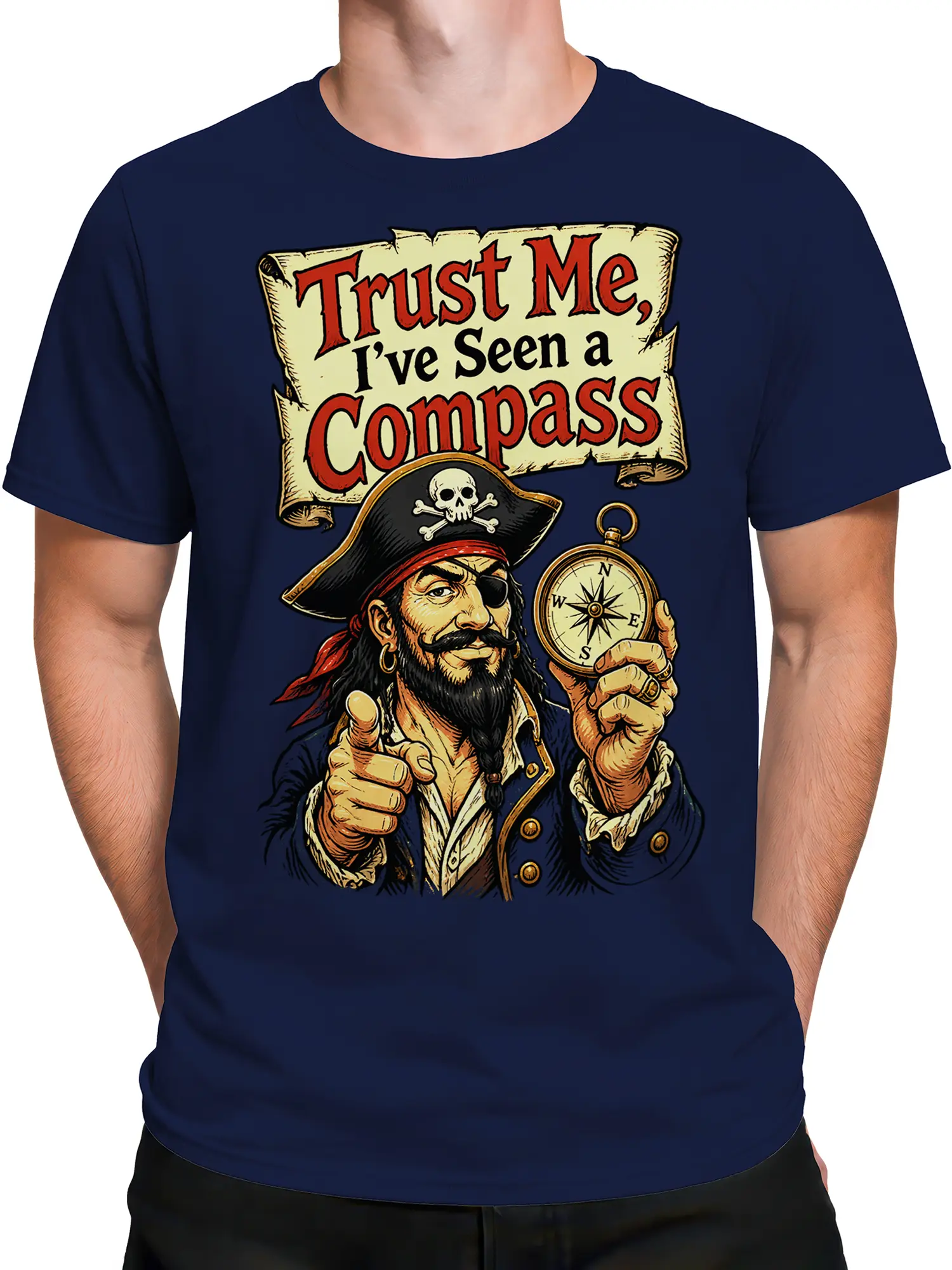 Male torso wearing a navy pirate T-shirt with compass captain artwork and bold vintage text