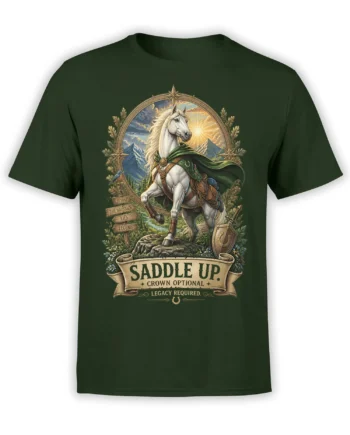 White unicorn in a green cape on a dark green fantasy adventure T-shirt with mountain artwork