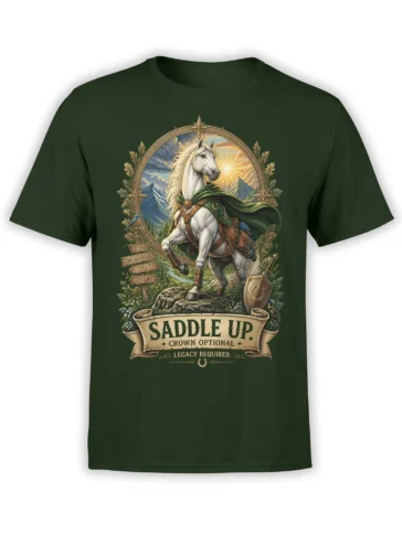 White unicorn in a green cape on a dark green fantasy adventure T-shirt with mountain artwork