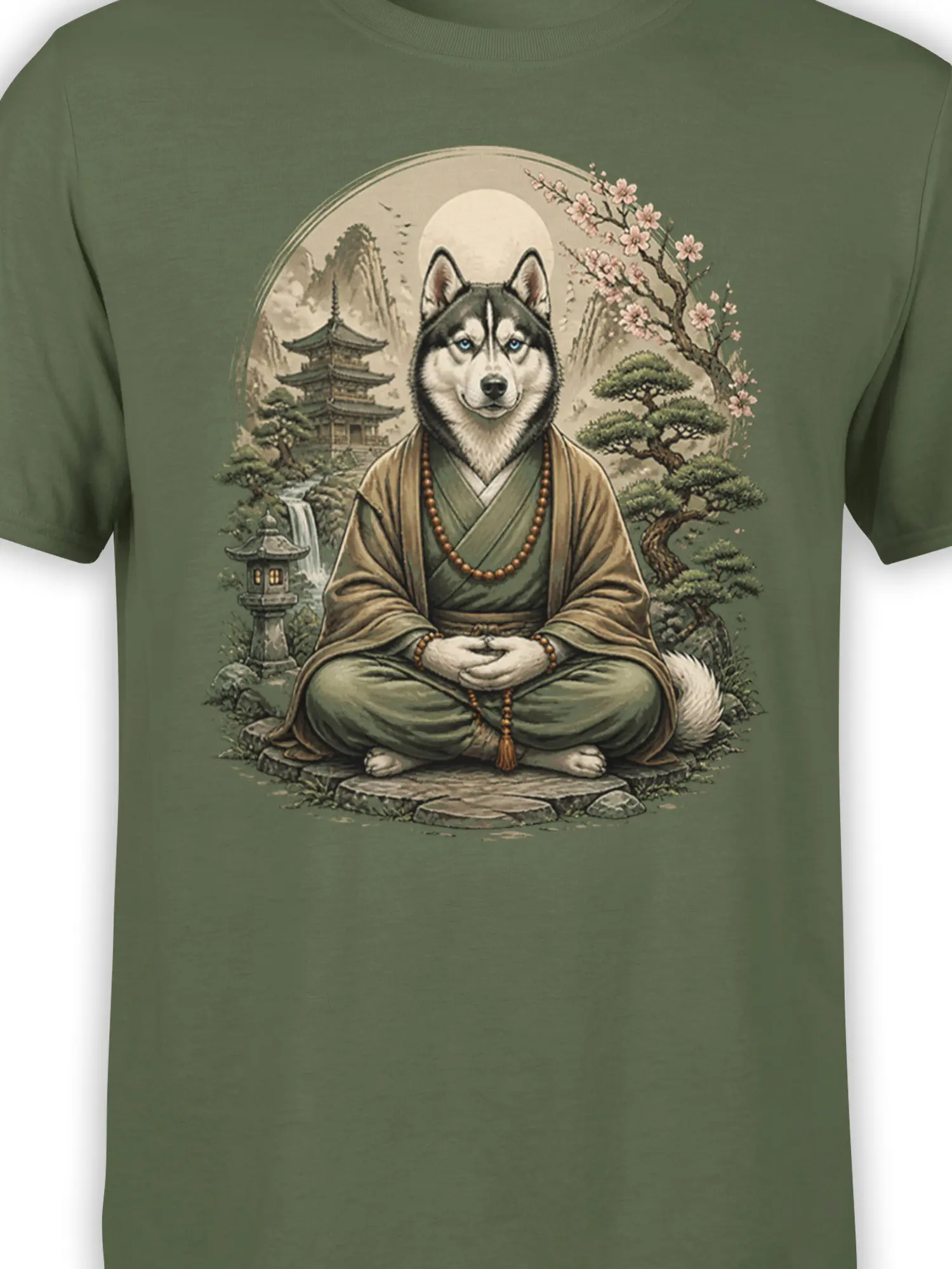 Close-up of meditating husky dog artwork on an olive green T-shirt with temple scenery