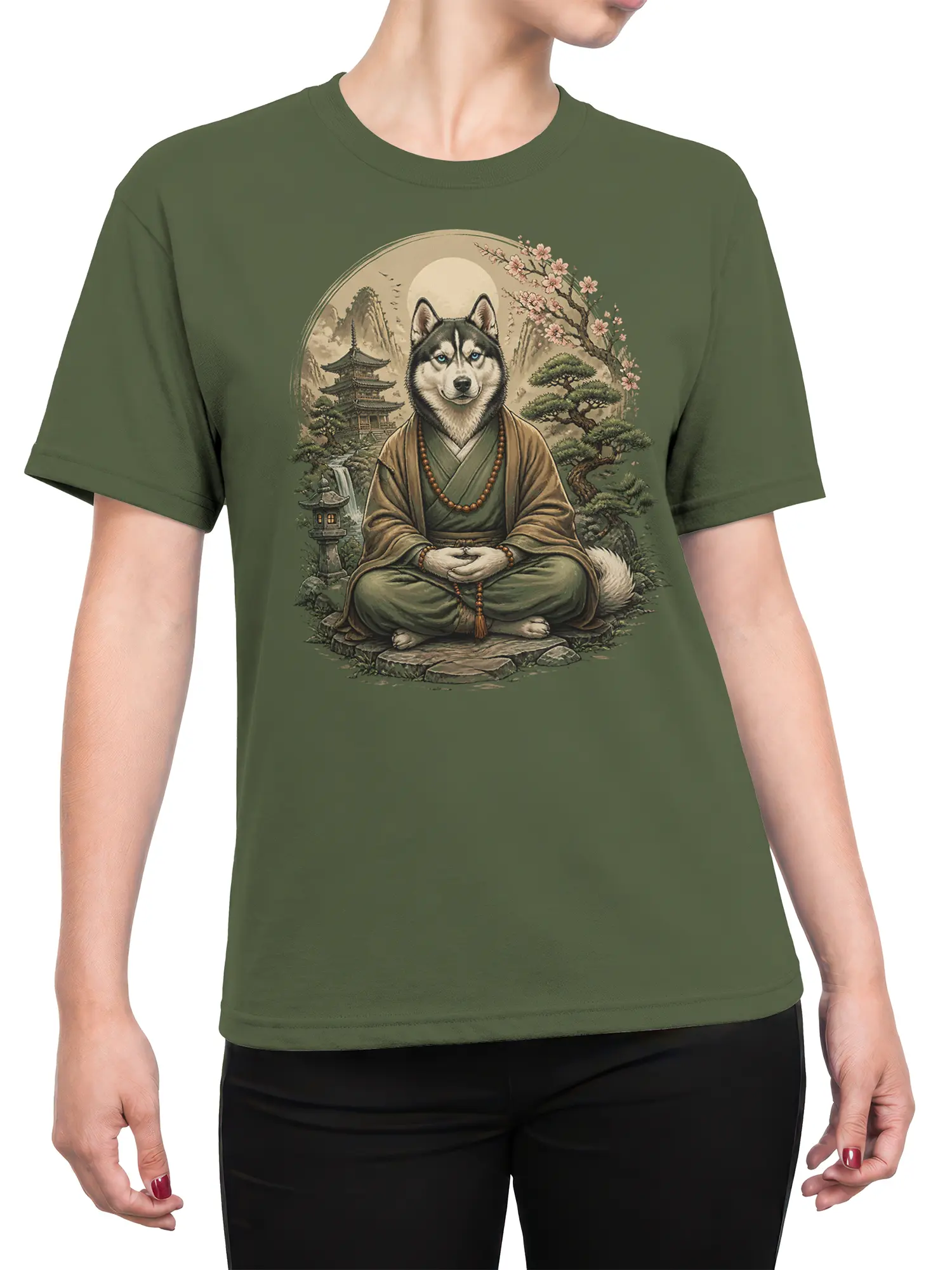 Female torso wearing an olive green T-shirt with a meditating husky dog and temple landscape