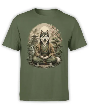 Olive green T-shirt with a meditating husky-like dog, pagoda, mountains, and cherry blossoms