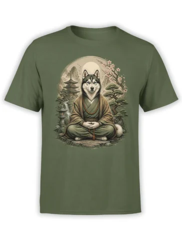 Olive green T-shirt with a meditating husky-like dog, pagoda, mountains, and cherry blossoms
