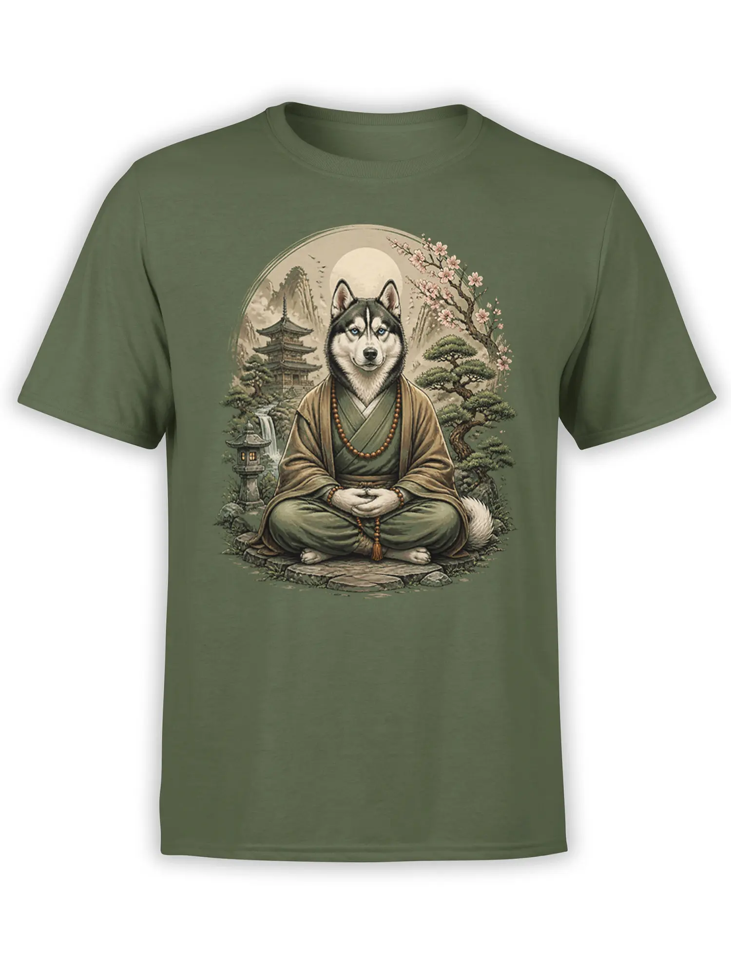Olive green T-shirt with a meditating husky-like dog, pagoda, mountains, and cherry blossoms