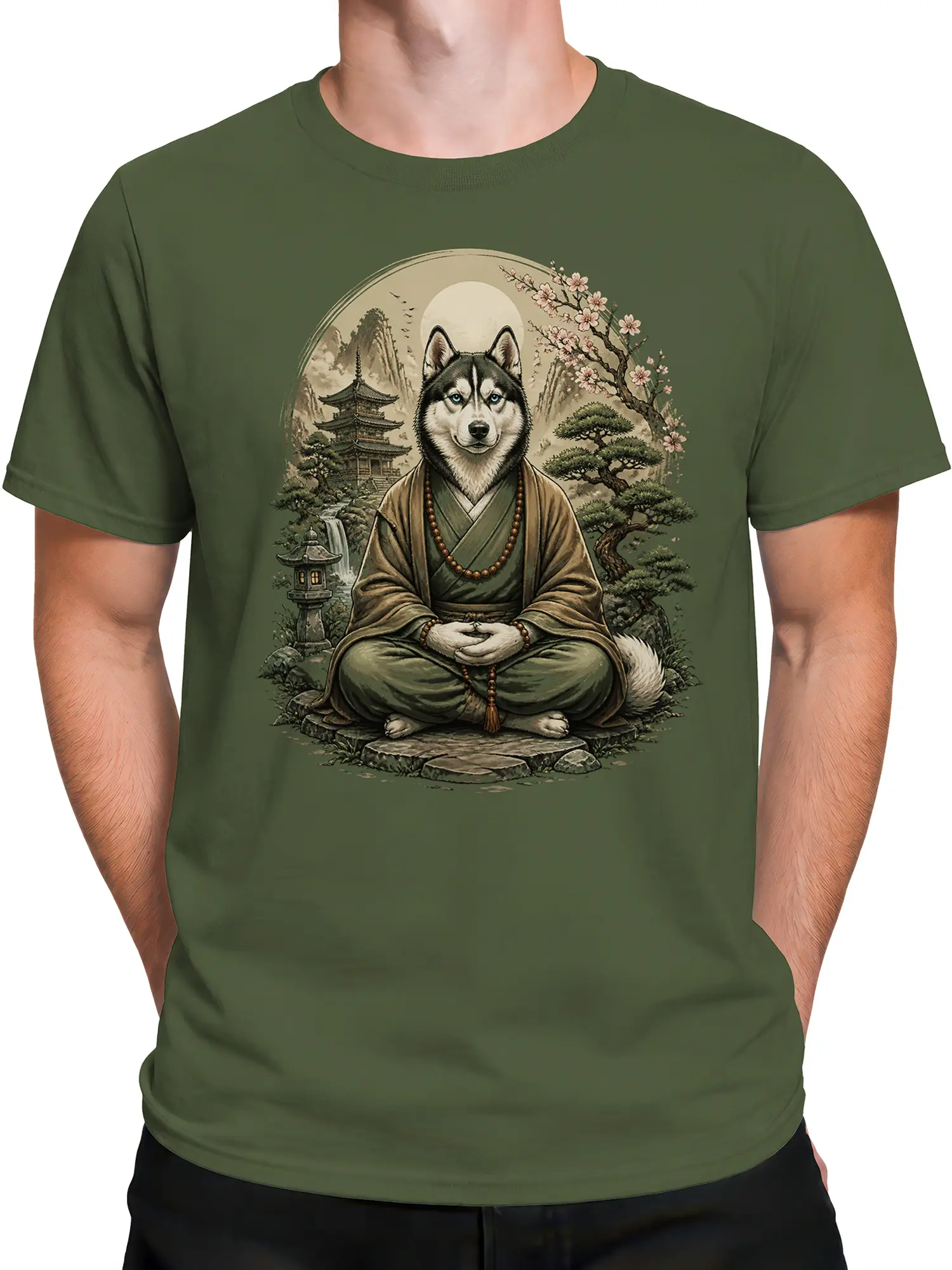 Male torso wearing an olive green T-shirt with a meditating husky dog temple design