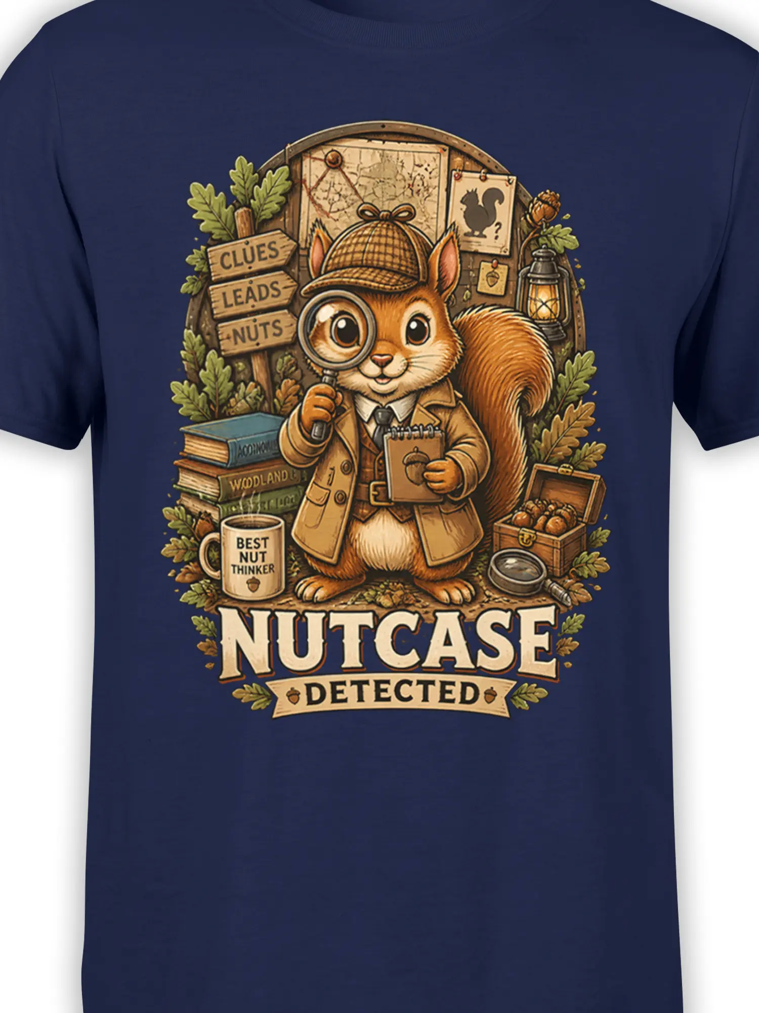 Close-up of squirrel detective artwork, magnifying glass, acorns, and “NUTCASE DETECTED” text on navy