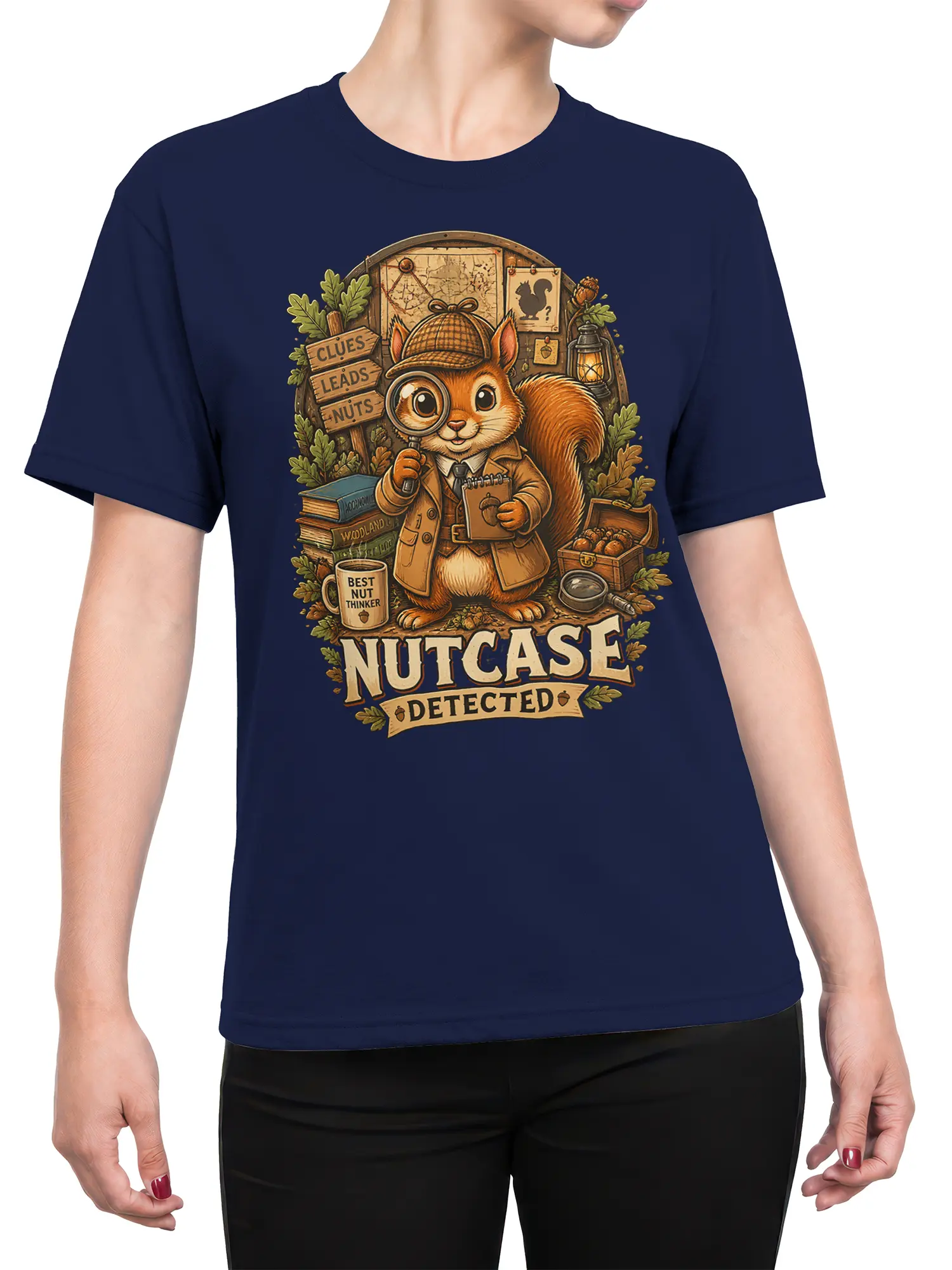 Female torso wearing a navy T-shirt with a vintage squirrel detective and acorn mystery graphic