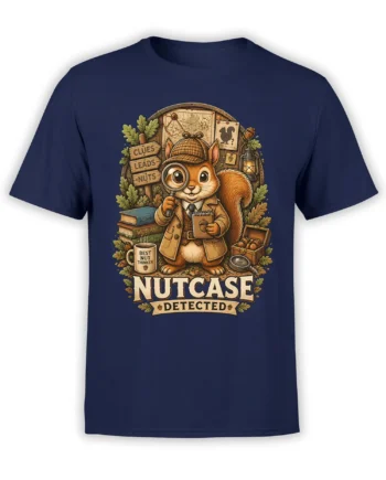 Vintage squirrel detective graphic with acorns and “NUTCASE DETECTED” text on a navy T-shirt