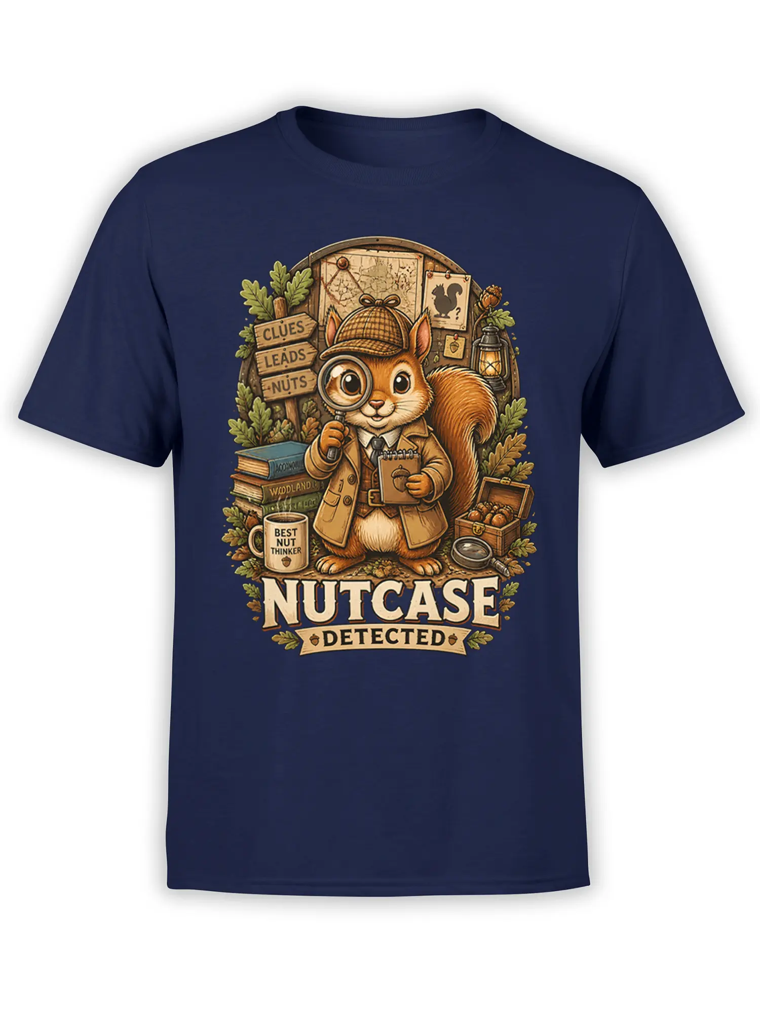 Vintage squirrel detective graphic with acorns and “NUTCASE DETECTED” text on a navy T-shirt