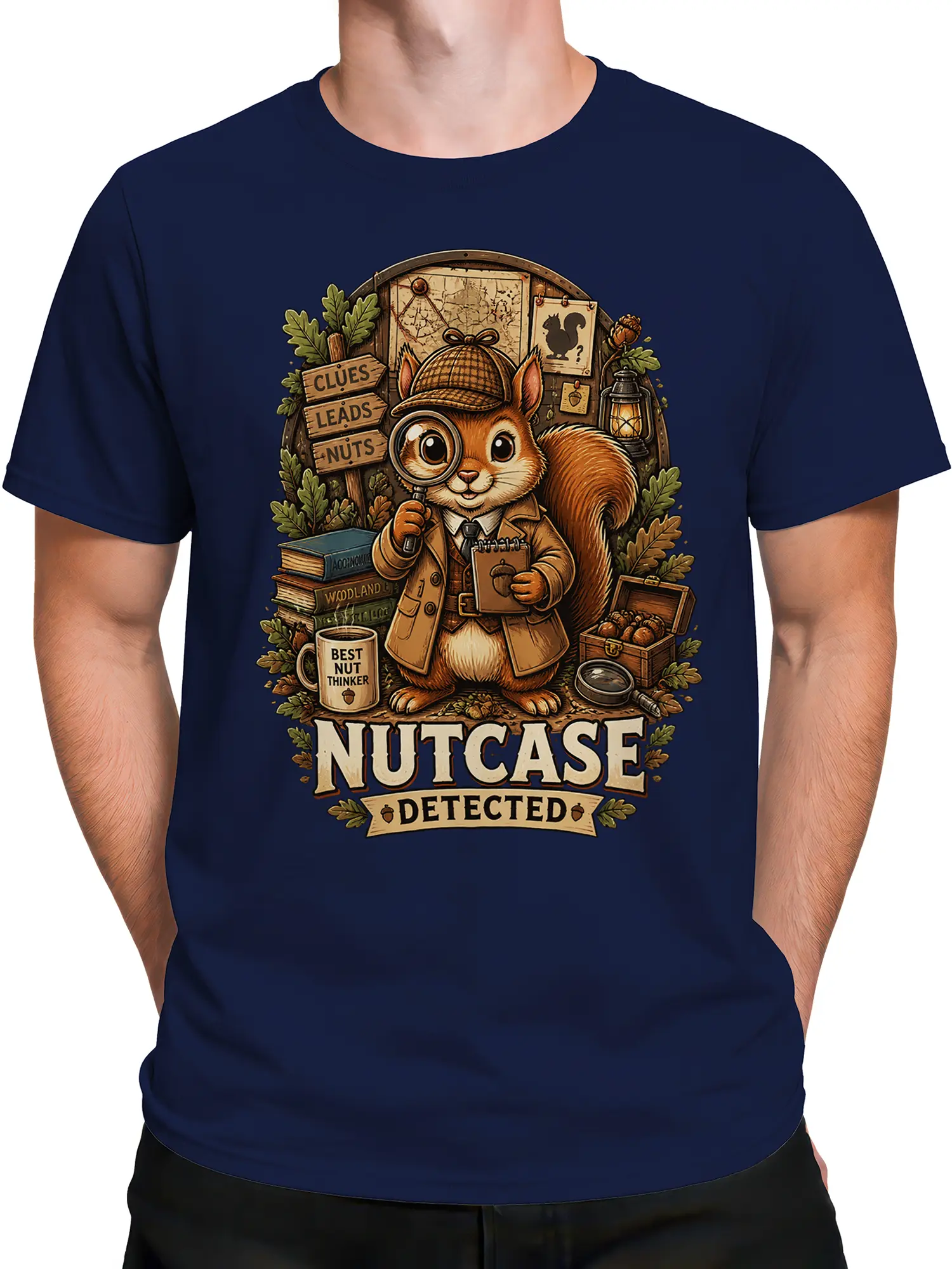 Male torso wearing a navy T-shirt with squirrel detective artwork and “NUTCASE DETECTED” lettering