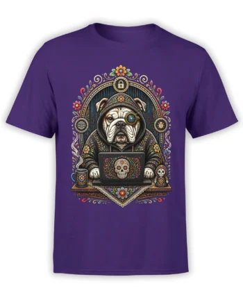 Purple shirt with a hooded bulldog using a skull-decorated laptop in an ornate floral design