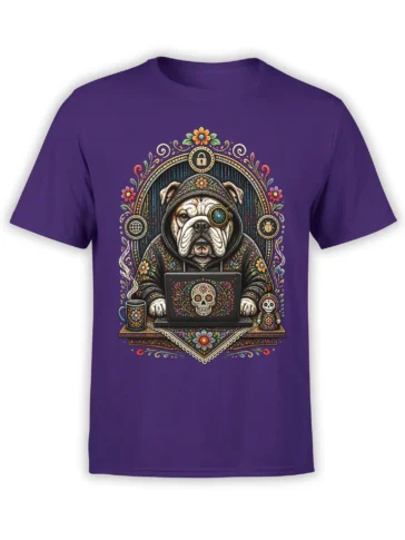 Purple shirt with a hooded bulldog using a skull-decorated laptop in an ornate floral design