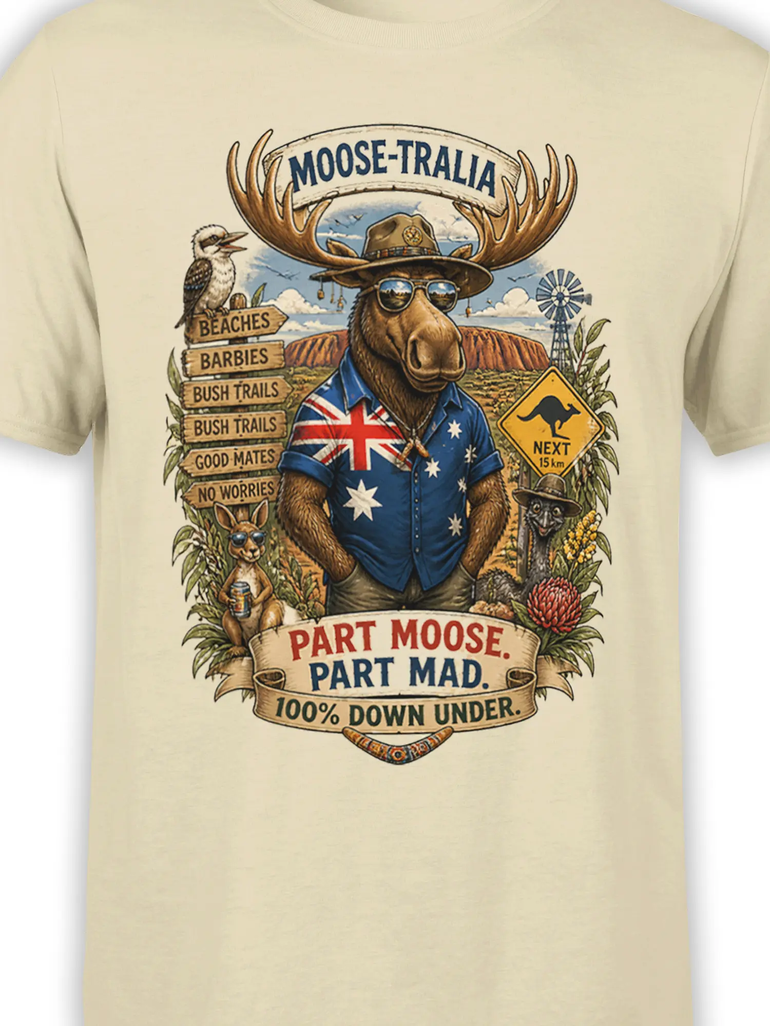 Close-up of the Australian moose graphic with antlers, sunglasses, kangaroo imagery, and colorful vintage details