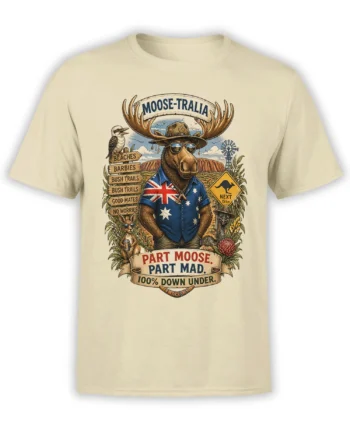 Beige moose T-shirt with Australian outback artwork, kangaroo signs, wildlife, and the phrase Part Moose Part Mad