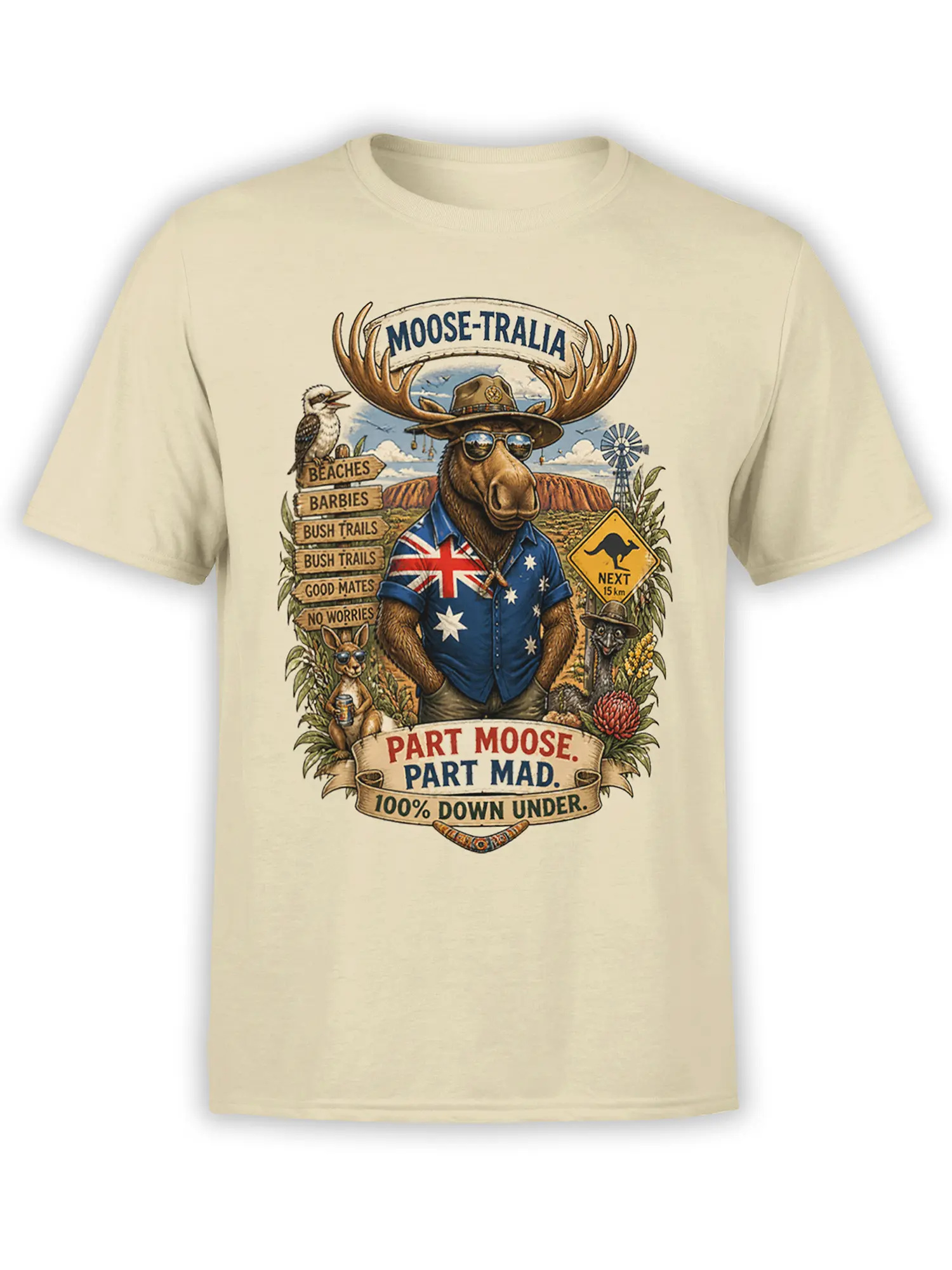 Beige moose T-shirt with Australian outback artwork, kangaroo signs, wildlife, and the phrase Part Moose Part Mad