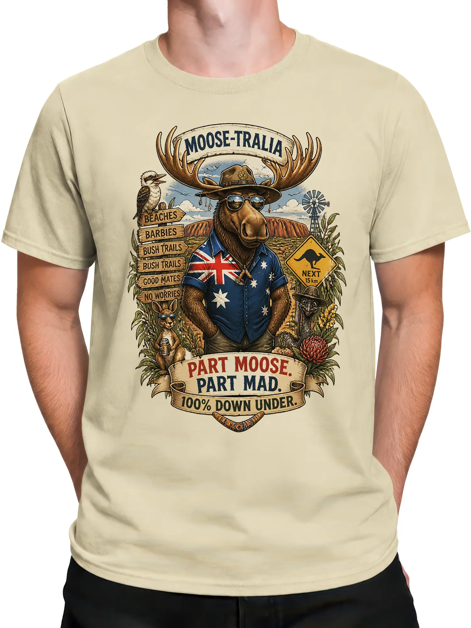 Male torso wearing a beige moose graphic T-shirt with Australian wildlife and vintage outback artwork