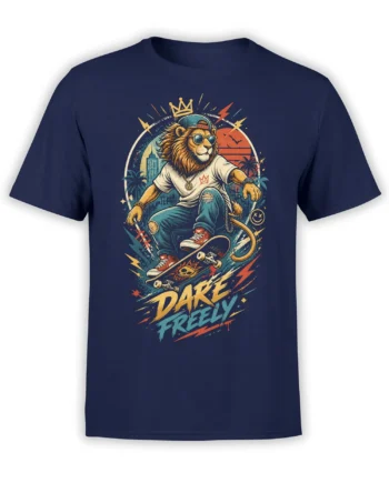 Crowned lion skateboarding in sunglasses with “Dare Freely” lettering on a navy graphic T-shirt