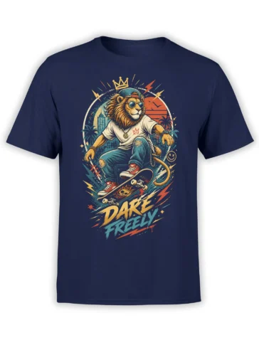 Crowned lion skateboarding in sunglasses with “Dare Freely” lettering on a navy graphic T-shirt