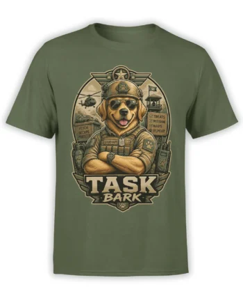 Green T-shirt with a tactical golden retriever, K9 gear, helicopter, and bold Task Bark artwork