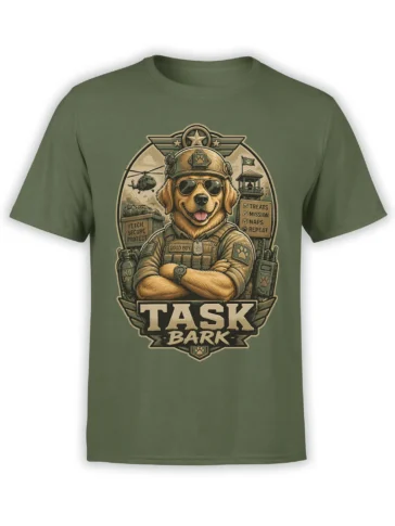 Green T-shirt with a tactical golden retriever, K9 gear, helicopter, and bold Task Bark artwork