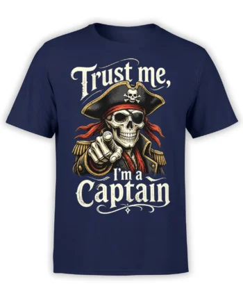 Skull pirate captain pointing forward on a navy T-shirt with vintage “Trust me, I’m a Captain” lettering