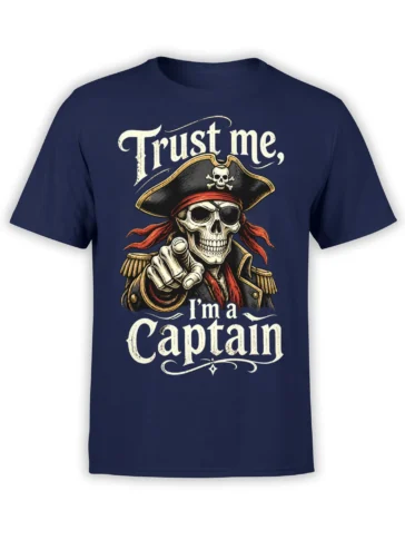 Skull pirate captain pointing forward on a navy T-shirt with vintage “Trust me, I’m a Captain” lettering