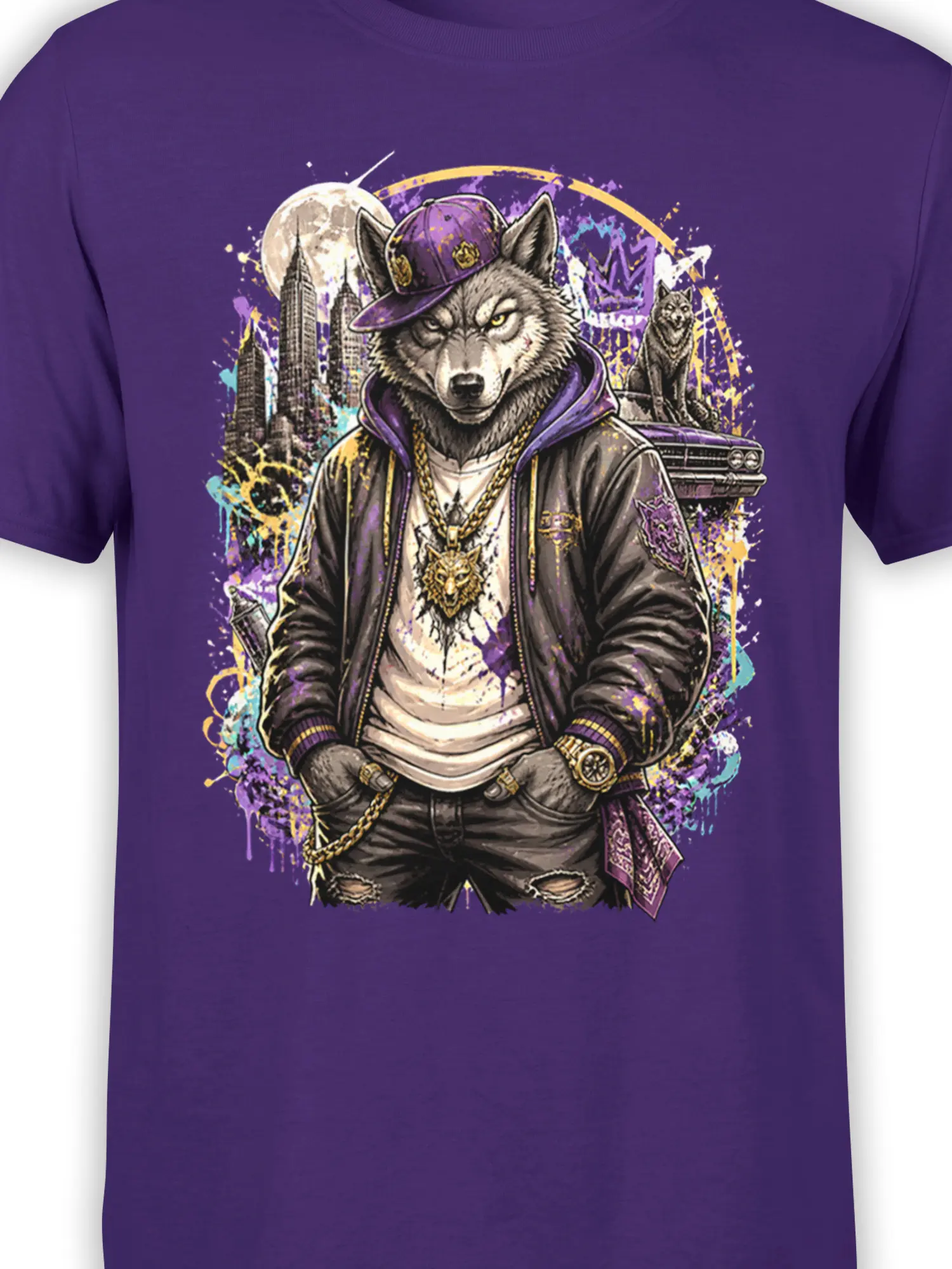Close-up of the purple shirt design showing the wolf portrait, gold chain, full moon, skyline, and vivid street art details