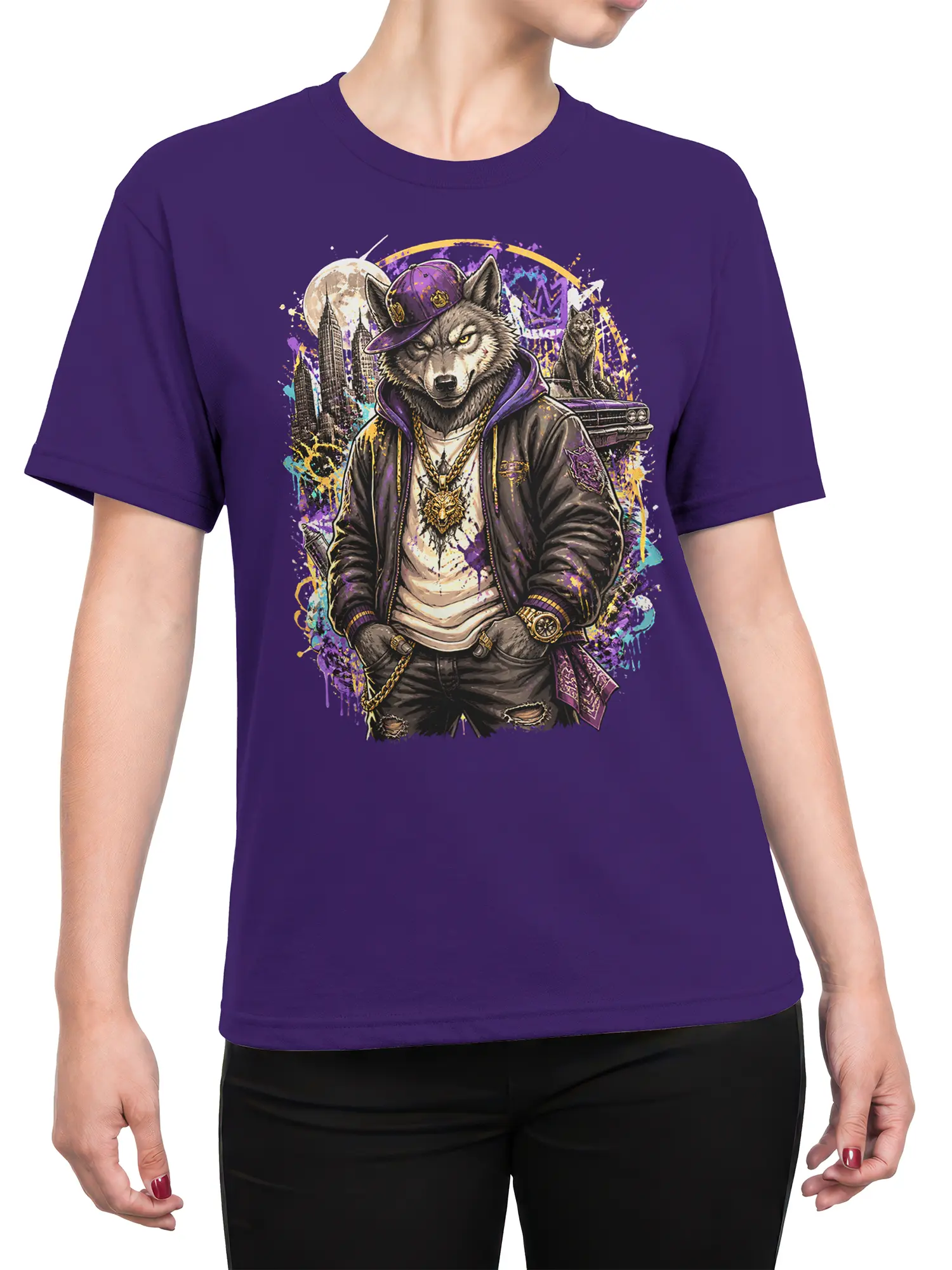 Female torso wearing a purple T-shirt with a detailed streetwear wolf, moonlit skyline, classic car, and colorful graffiti-style graphic