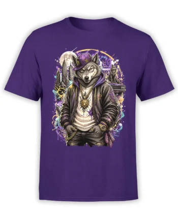 Purple T-shirt featuring a streetwear wolf portrait, city skyline, full moon, classic car, and colorful graffiti-style artwork