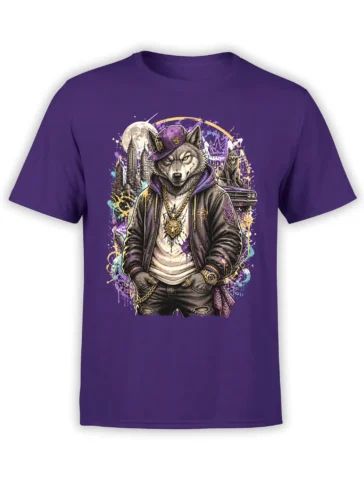 Purple T-shirt featuring a streetwear wolf portrait, city skyline, full moon, classic car, and colorful graffiti-style artwork