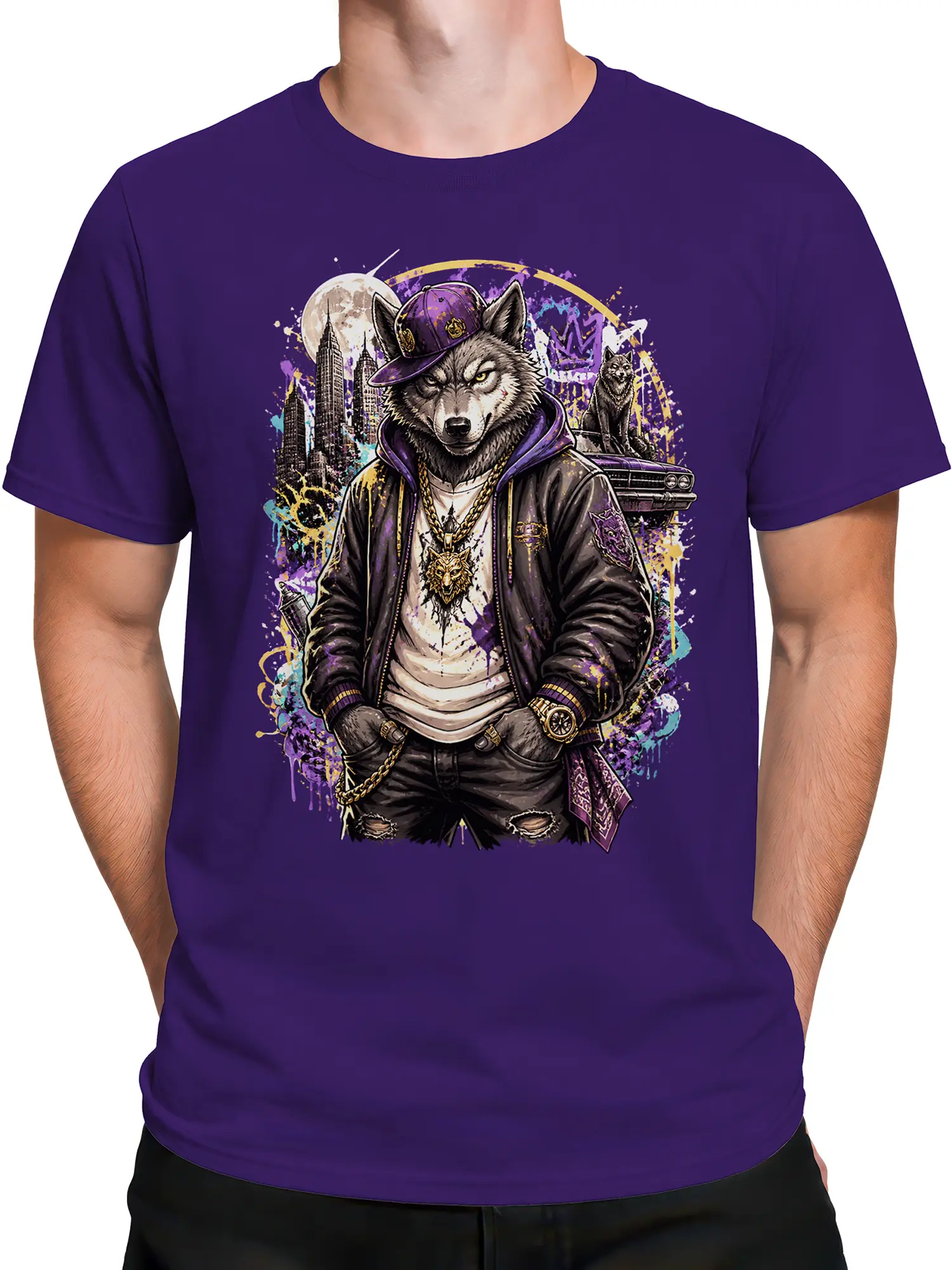 Male torso wearing a purple wolf graphic T-shirt with a full moon, city skyline, second wolf, car, and street art splashes