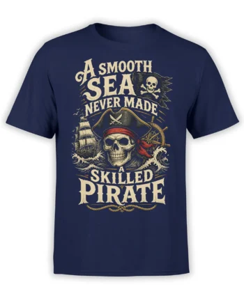 Navy pirate T-shirt with skull captain, sailing ship, rough waves, compass, and vintage cream lettering
