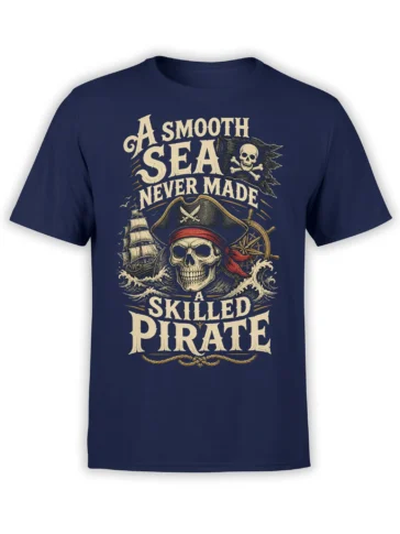 Navy pirate T-shirt with skull captain, sailing ship, rough waves, compass, and vintage cream lettering