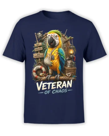 Colorful veteran parrot graphic with survival details and “Veteran of Chaos” text on a navy T-shirt