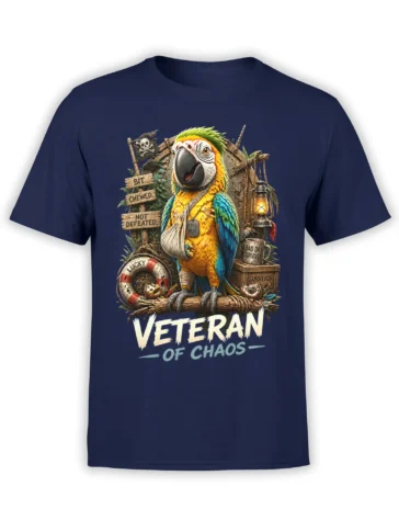 Colorful veteran parrot graphic with survival details and “Veteran of Chaos” text on a navy T-shirt