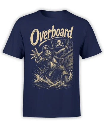 Vintage pirate overboard graphic with a skull flag, ship deck, and crashing waves on a navy T-shirt