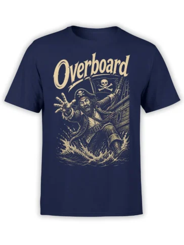 Vintage pirate overboard graphic with a skull flag, ship deck, and crashing waves on a navy T-shirt