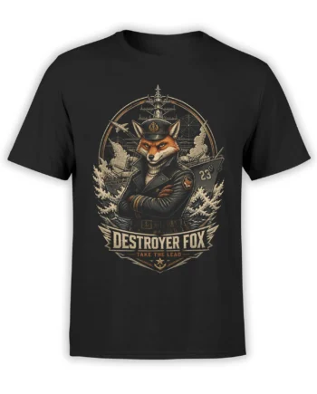 Black T-shirt featuring a fox naval captain with warships, ocean waves, and Destroyer Fox lettering
