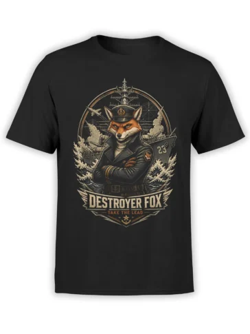 Black T-shirt featuring a fox naval captain with warships, ocean waves, and Destroyer Fox lettering